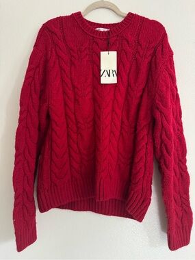 ZARA Bright Red Cable-Knit Crewneck Sweater
